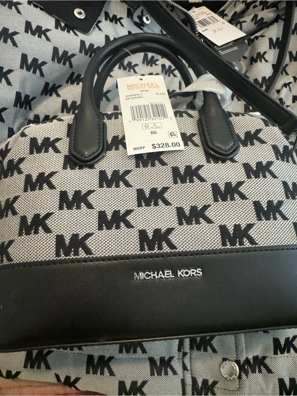 Michael Kors Black and White MK Logo Backpack with Matching Mini Satchel.